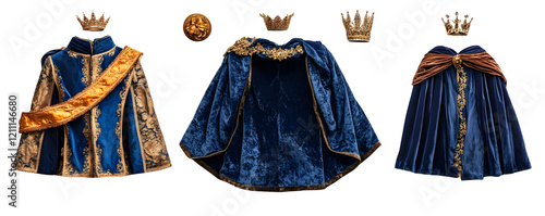 Royal Blue Velvet Robes with Gold Accents and Crowns, Isolated on Transparent Background
