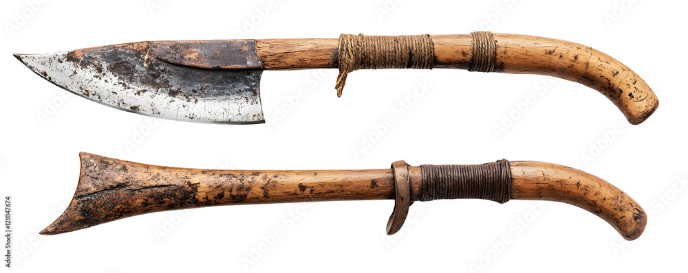 Two antique, rustic knives with wooden handles and worn blades isolated on a transparent background. Two antique, rustic knives with wooden handles and worn blades isolated on a transparent background.