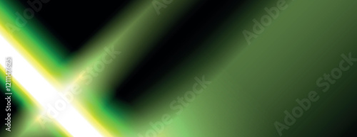 Abstract background with a green and black gradient. The background features smooth, glowing green light beams crossing diagonally. Light leak background vector. Green background.