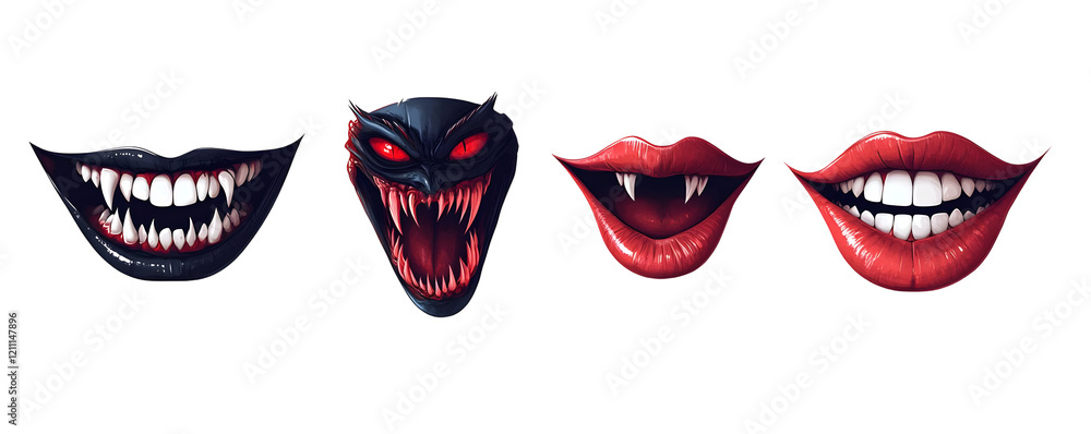Digital illustration of four monstrous mouths with fangs, isolated on a transparent background. Digital illustration of four monstrous mouths with fangs, isolated on a transparent background.