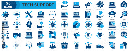 Tech Support  Icon Collection Set. Containing information, technical support, email, help, question, assistance, solution Icon. Simple Flat Vector. Blue Color Style