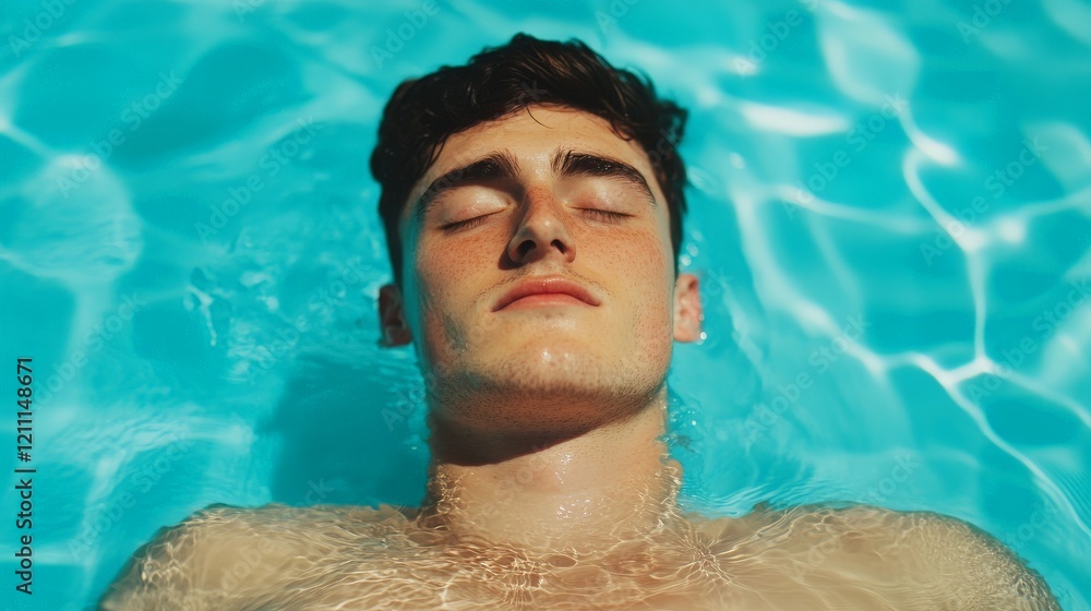 Tranquility in the Pool: A young man floats serenely on his back in a shimmering turquoise pool, his eyes closed as he basks in the sun's warmth. The ripples in the water create a mesmerizing pattern. Tranquility in the Pool: A young man floats serenely on his back in a shimmering turquoise pool, his eyes closed as he basks in the sun's warmth. The ripples in the water create a mesmerizing pattern.