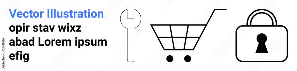 Wrench, shopping cart, and padlock icons alongside text. Ideal for online shopping, security, website maintenance, retail. Great for digital commerce, cybersecurity web tools and content Wrench, shopping cart, and padlock icons alongside text. Ideal for online shopping, security, website maintenance, retail. Great for digital commerce, cybersecurity web tools and content