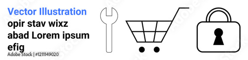 Wrench, shopping cart, and padlock icons alongside text. Ideal for online shopping, security, website maintenance, retail. Great for digital commerce, cybersecurity web tools and content