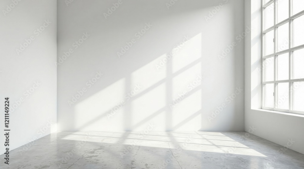 Sunlit Empty Room with Concrete Floor and Large Window Showing Light Patterns Sunlit Empty Room with Concrete Floor and Large Window Showing Light Patterns