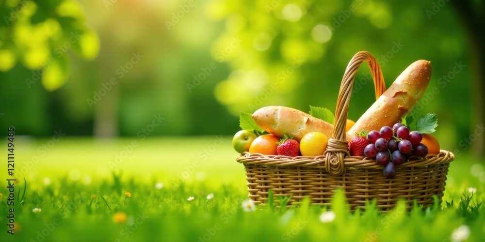 A delightful wicker basket overflowing with ripe summer fruits and freshly baked bread, nestled in a vibrant green meadow bathed in sunlight A delightful wicker basket overflowing with ripe summer fruits and freshly baked bread, nestled in a vibrant green meadow bathed in sunlight