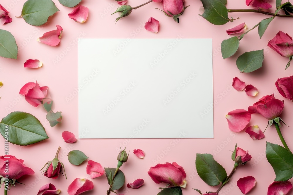 Elegant Pink Rose Petals Surrounding Blank Card on Soft Background Elegant Pink Rose Petals Surrounding Blank Card on Soft Background