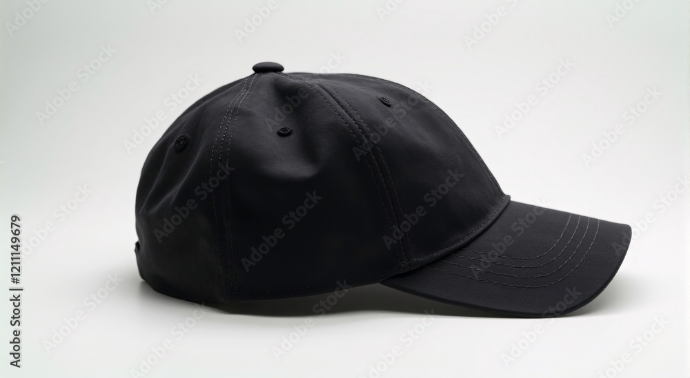 Obraz premium Plain black cap on white studio surface, fine stitching details in focus, soft lighting enhances clean and sleek design.