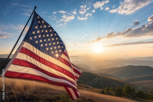 American flag rippling over landscape during sunrise photo