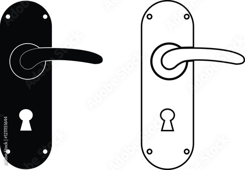 Door handles icon set. Locks handles on the door in the house, hotel. Black flat and line vector collection isolated on transparent background. Metal items interior symbols doorknob realistic.