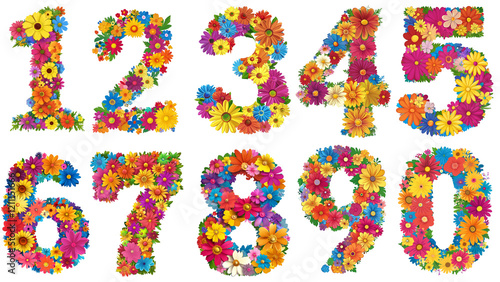 カラフルな花で作られた数字のイラストセット Colorful Flower Numbers Illustration Set｜Generative AI