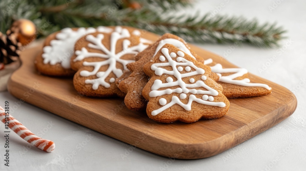 Festively decorated holiday cookies are arranged on a wooden board, showcasing intricate designs in icing for seasonal enjoyment Festively decorated holiday cookies are arranged on a wooden board, showcasing intricate designs in icing for seasonal enjoyment