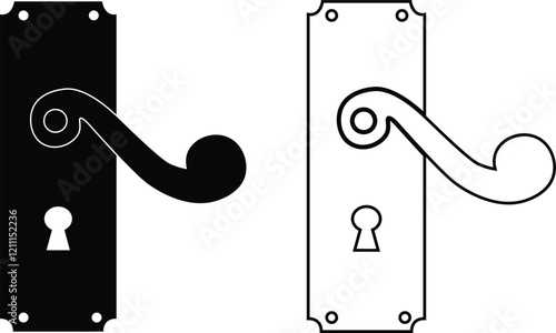 Door handles icon set. Locks handles on the door in the house, hotel. Black flat and line vector collection isolated on transparent background. Metal items interior symbols doorknob realistic.