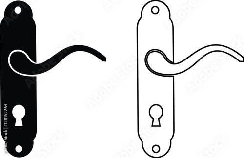 Door handles icon set. Locks handles on the door in the house, hotel. Black flat and line vector collection isolated on transparent background. Metal items interior symbols doorknob realistic.