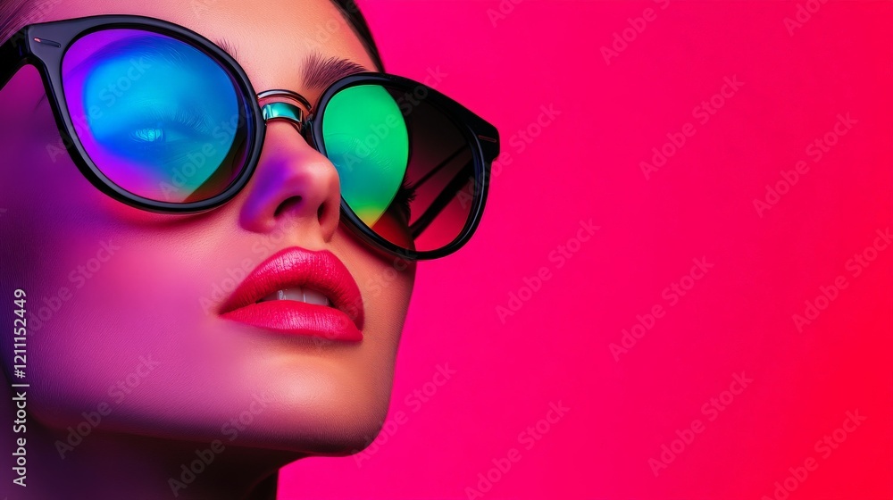 Glamour in the Spotlight: A captivating portrait of a woman wearing oversized sunglasses with iridescent lenses, radiating cool confidence against a vibrant pink backdrop. Glamour in the Spotlight: A captivating portrait of a woman wearing oversized sunglasses with iridescent lenses, radiating cool confidence against a vibrant pink backdrop.