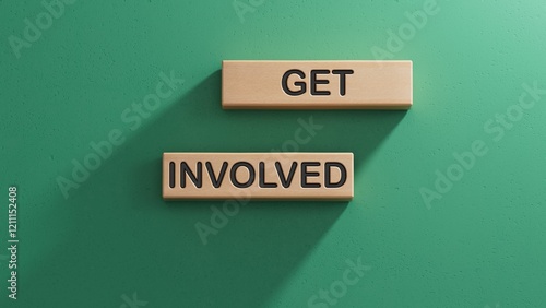 wooden cubes with text GET INVOLVED and wooden cubes with letters. Wooden cube blocks. Copy space.3D rendering on green background.