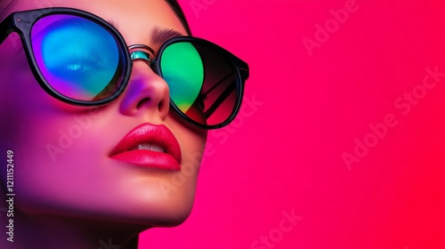 Wallpaper Mural Glamour in the Spotlight: A captivating portrait of a woman wearing oversized sunglasses with iridescent lenses, radiating cool confidence against a vibrant pink backdrop. Torontodigital.ca