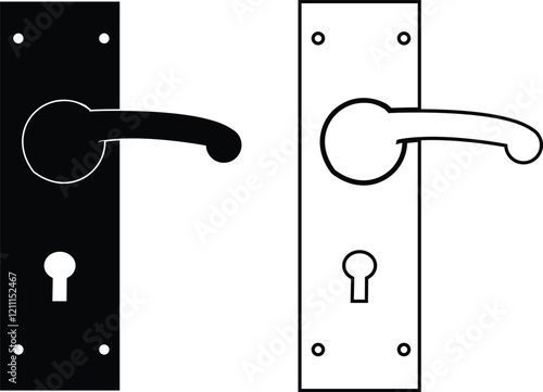 Door handles icon set. Locks handles on the door in the house, hotel. Black flat and line vector collection isolated on transparent background. Metal items interior symbols doorknob realistic.