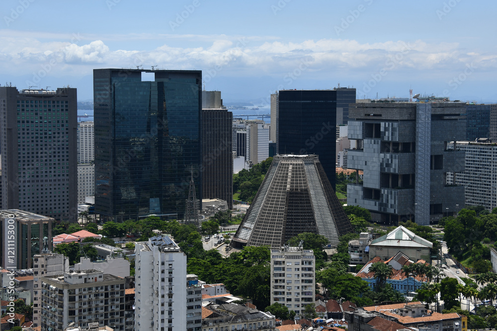 Obraz premium Wide view of the city center of Rio, including the Cathedral, from the Parque das Ruínas cultural center, Santa Teresa neighborhood, Rio de Janeiro, Brazil