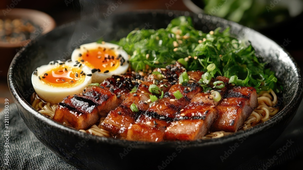 vibrant ramen bowl with charred pork belly softboiled egg and fresh microgreens in handcrafted ceramic steam rising dramatically vibrant ramen bowl with charred pork belly softboiled egg and fresh microgreens in handcrafted ceramic steam rising dramatically