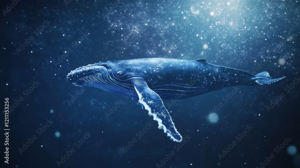 Naklejka premium A humpback whale glides smoothly through a cosmic expanse, surrounded by sparkling stars and a surreal atmosphere of light and color