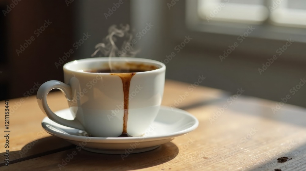 Fototapeta premium Aromatic Coffee Dripping Down a White Cup on a Sunny Wooden Table