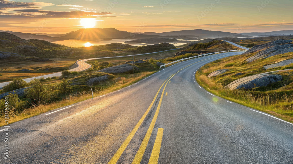 Fototapeta premium winding road through scenic landscape at sunset, with hills and water reflecting golden light. tranquil atmosphere invites exploration and adventure