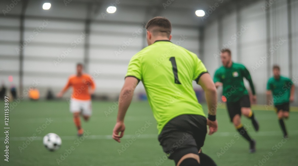 Obraz premium Action unfolds as players engage in an indoor soccer match, displaying energy and skill in a competitive environment