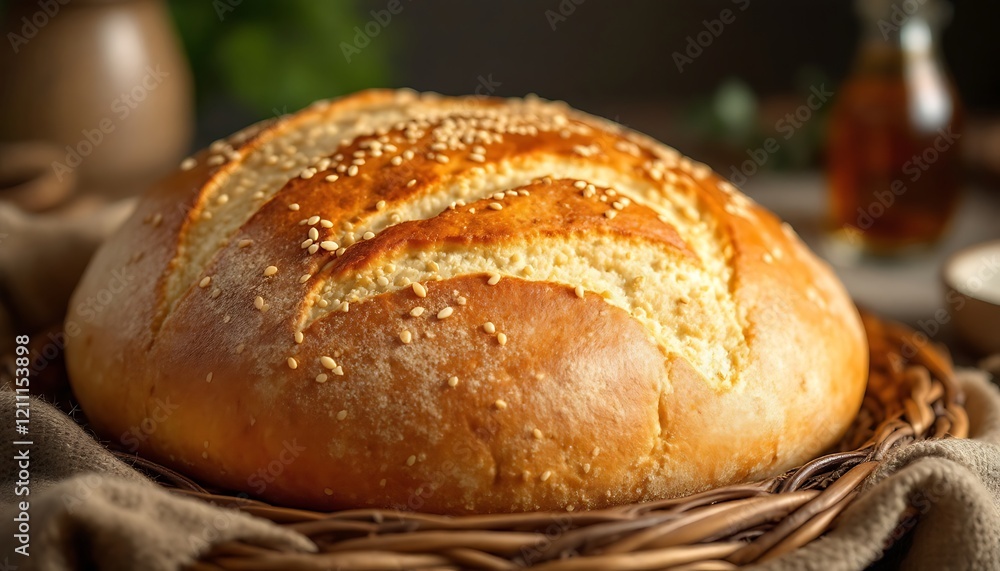 Golden Sesame Loaf: Rustic Artisan Bread, Warm Lighting Golden Sesame Loaf: Rustic Artisan Bread, Warm Lighting