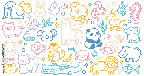 Animals Doodle Illustration | Colorful Hand-Drawn Line Art with Various Playful Animals for Design Project