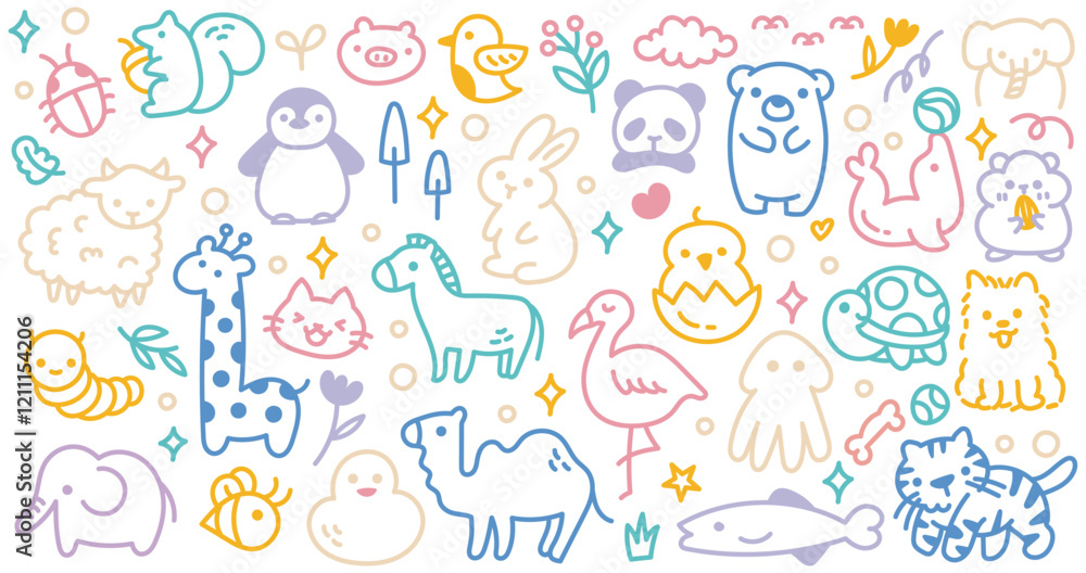 Animals Doodle Illustration | Colorful Hand-Drawn Line Art with Various Playful Animals for Design Project Animals Doodle Illustration | Colorful Hand-Drawn Line Art with Various Playful Animals for Design Project