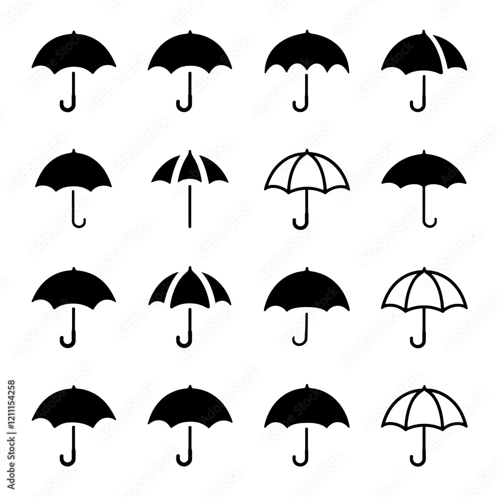 Obraz premium a vector illustration of a set of black Umbrella icons With white Background