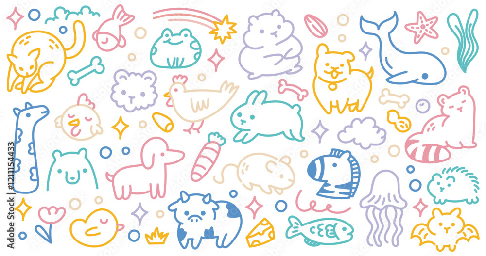 Animals Doodle Illustration | Colorful Hand-Drawn Line Art with Various Playful Animals for Design Project Animals Doodle Illustration | Colorful Hand-Drawn Line Art with Various Playful Animals for Design Project