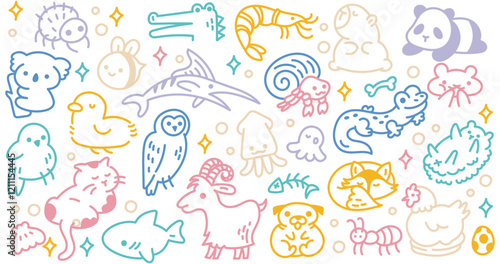 Animals Doodle Illustration | Colorful Hand-Drawn Line Art with Various Playful Animals for Design Project