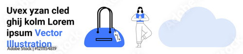 Woman standing confidently next to a blue duffle bag and cloud icon, symbolizing preparation, mobility, and digital connectivity. Ideal for travel blogs, tech startups, lifestyle products, cloud