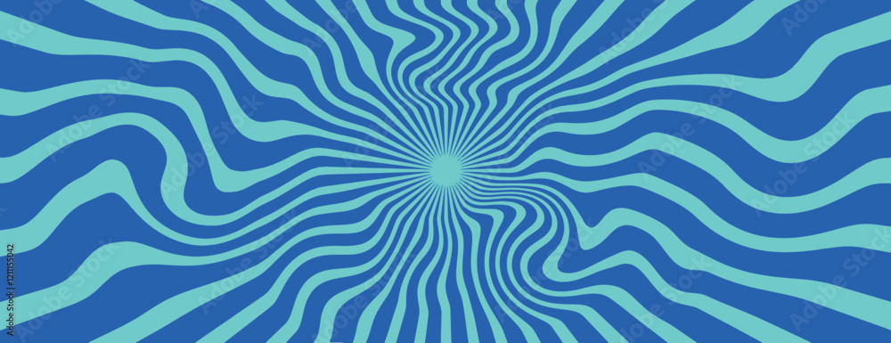 Obraz premium Psychedelic background with wavy teal lines on a blue background, creating a dynamic, hypnotic effect. Teal and blue colors dominate. Psychedelic pattern background vector. Blue background.