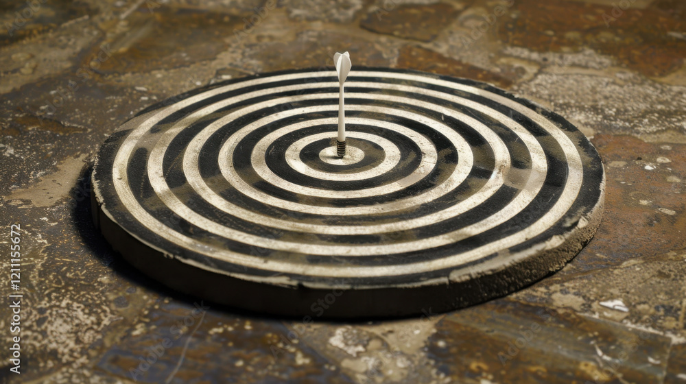 circular target with concentric black and white rings, featuring single dart in center, symbolizes focus and precision in aiming circular target with concentric black and white rings, featuring single dart in center, symbolizes focus and precision in aiming