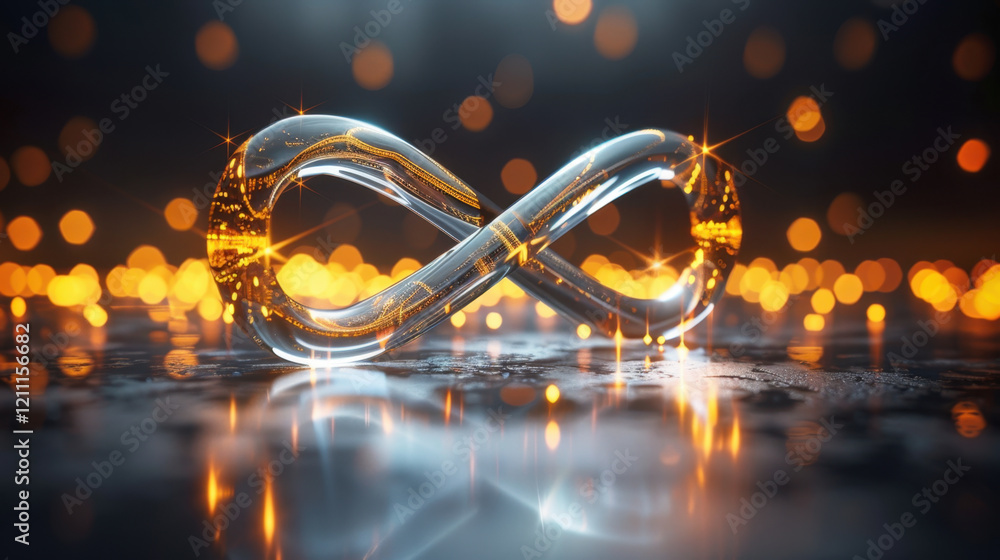 shiny infinity symbol made of glass reflects light against blurred background of warm bokeh lights, creating sense of elegance and continuity shiny infinity symbol made of glass reflects light against blurred background of warm bokeh lights, creating sense of elegance and continuity