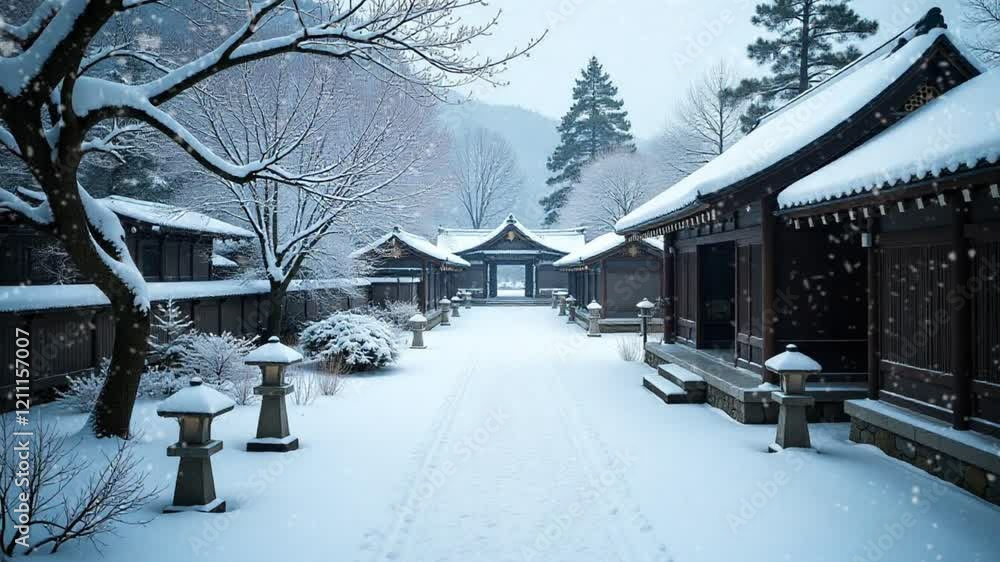 A serene winter scene featuring traditional buildings surrounded by snow-covered trees. A serene winter scene featuring traditional buildings surrounded by snow-covered trees.