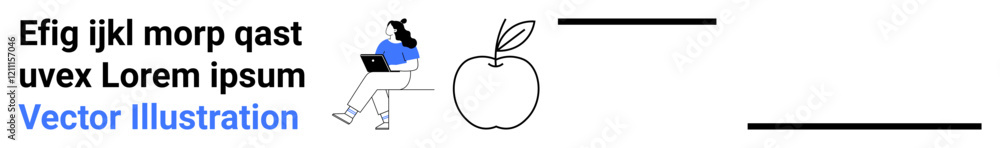 Woman sitting and using laptop, apple icon, abstract lines. Ideal for creativity, remote work, technology, design, minimalism, productivity, education. Landing page Woman sitting and using laptop, apple icon, abstract lines. Ideal for creativity, remote work, technology, design, minimalism, productivity, education. Landing page