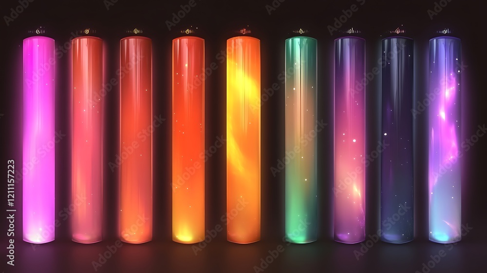 Fototapeta premium Colorful Glowing Cylinders Resemble Nebulae In Space
