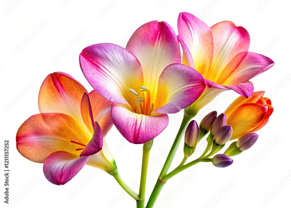 Naklejka premium Macro image: Long exposure reveals freesia's bell-shaped bloom, showcasing smooth petals and intricate detail against a floral backdrop.