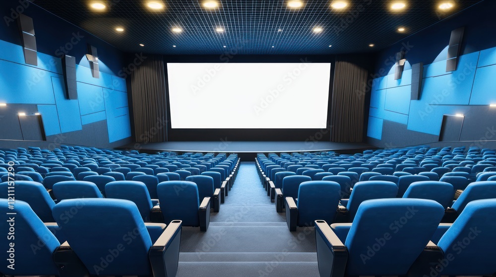 Fototapeta premium Empty cinema hall with blue seats and large white screen