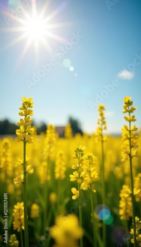 Soft sunlight illuminates the delicate petals of blooming rapeseed stalks, flowers, fields photo