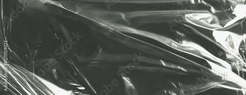 Glossy plastic wrap background, with a shiny, reflective texture. The background is dark green, with green highlights and smooth folds. Plastic foil wrap texture background. Black background vector.