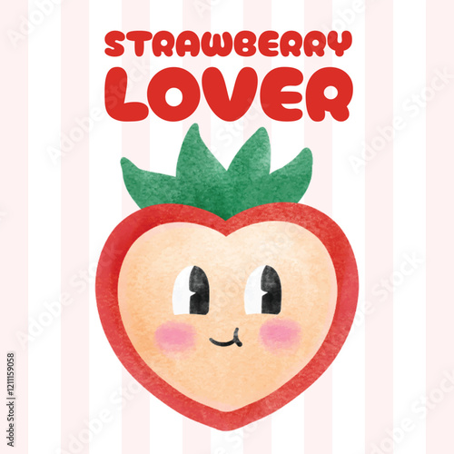 Strawberry Slice Cute Cartoon Illustration Kawaii Smiling Fruit Red Watercolor Valentine