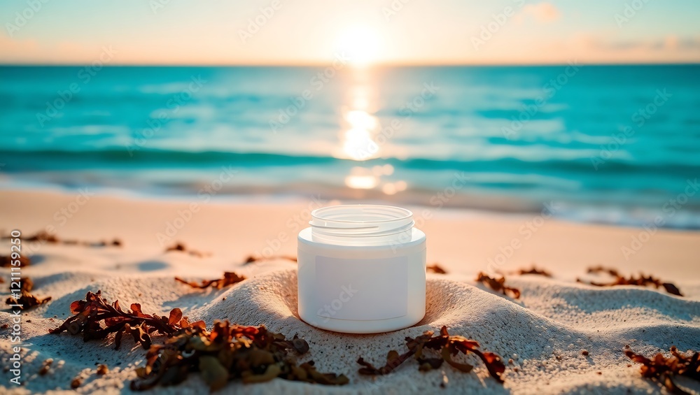 White Jar on Beach at Sunrise with Ocean Background for Skincare Ad White Jar on Beach at Sunrise with Ocean Background for Skincare Ad