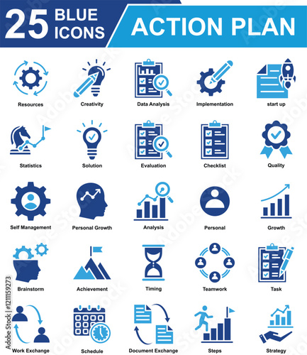 Action Plan Icon Set Collection. Containing Resources, creativity, Data Analysis, Implementation, start up, Statistics, Solution, Checklist, Self Management, Teamwork. Simple Blue Vector Illustration.