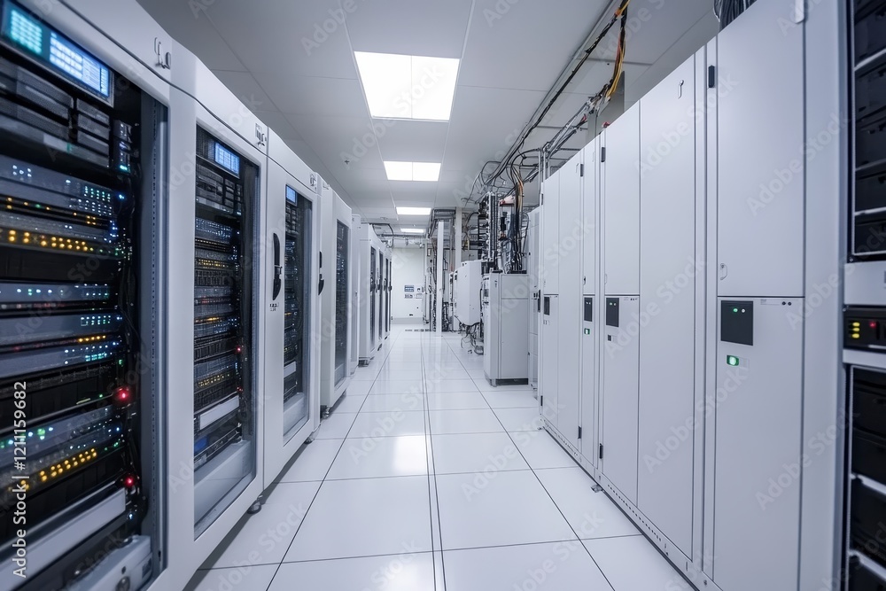 Modern data center server room with rows of network equipment and white tiled floor. Modern data center server room with rows of network equipment and white tiled floor.