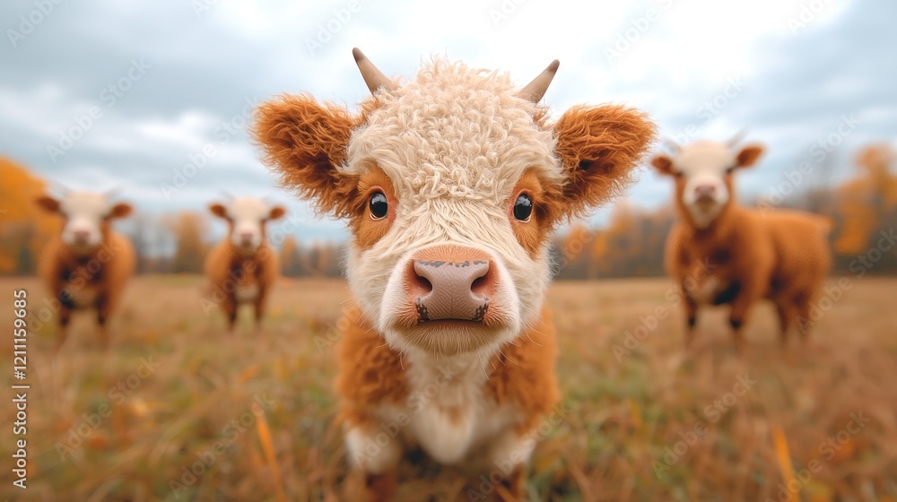 Cute calf stares at camera, autumn field background, farm animals Cute calf stares at camera, autumn field background, farm animals